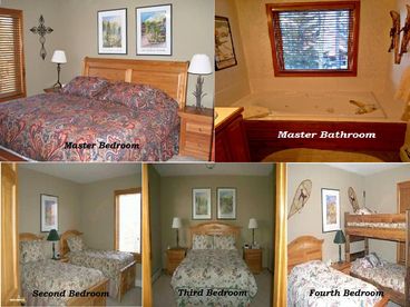(1) Master Bedroom: King, (2) Guest Bedroom #2: 1 Queen and 1 Twin, (3) Bedroom #3: 3 Twins (1 set of bunk beds and a standalone twin), (4) Bedroom #4: 1 Queen 