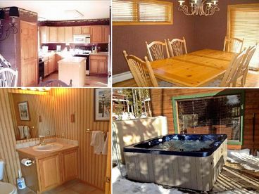 Kitchen, Dining Room, Bathroom, Hot tub on sundeck with BBQ and lounge chairs.