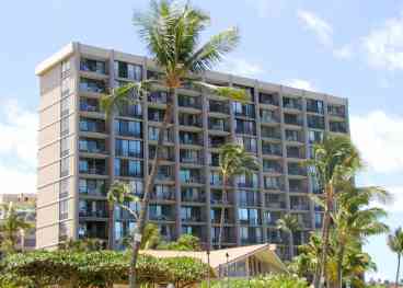 Oceanfront valley isle resoprt as seen from sandy Kahana beach