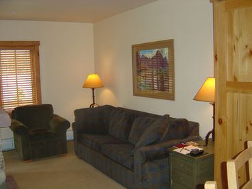 Living Room features a gas fireplace, Murphy Bed and Sofa Sleeper...room for 6