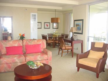 A view of the living room and dining area