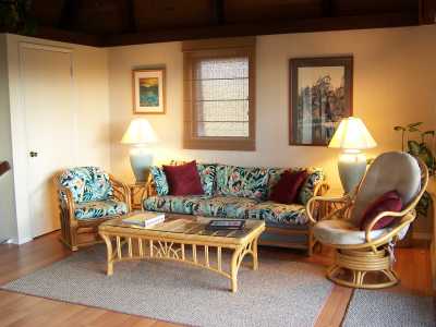 Living room has vaulted ceiling with sofa bed that easily pulls out and comfortably sleeps two. 