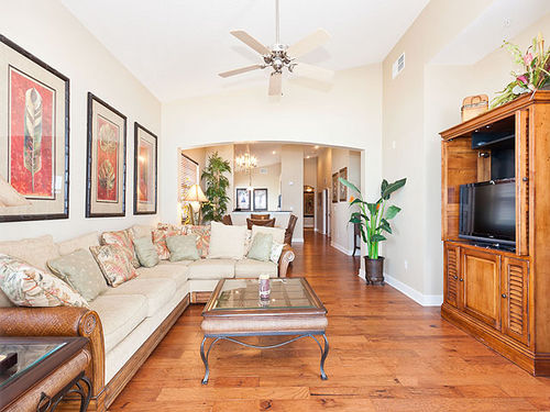 Unique hardwood floors add warmth to our condo