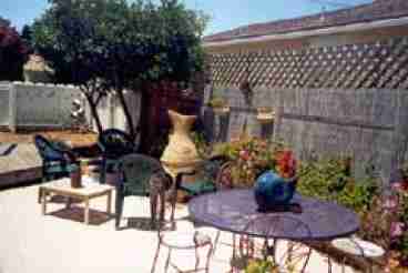 Backyard patio and chiminea.
