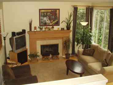 Great Room for family gathering, enjoying TV or music. The kitchen faces this room, and the garden patio is just outside the sliding glass doors.