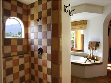 Master bath has shower and oval tub with mountain view