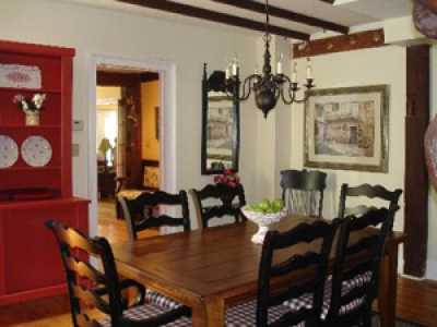 Dining Room with Harvest Table and fireplace with antique mantle.