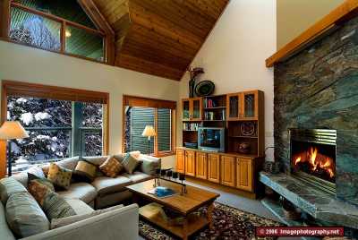 Living room with wood-burning fireplace