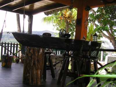 Bar made of a wood canoe with sea shell collection inside.
