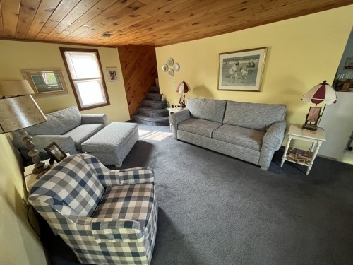 Family room with knotty pine ceiling. Both chair and couch pull out into beds.