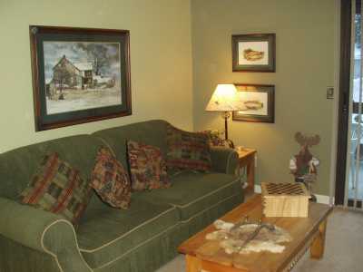 Luxury living room - sleeper sofa, flat screened TV, DVD player, gas fireplace, porch area w/seating a BBQ grill.