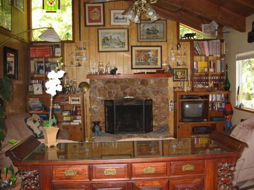 Electric fireplace, Cable TV, VCR/DVD, stereo, games, ceiling fan, books, videos