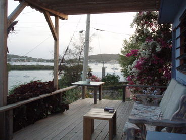 Shaded lounge area overlooks bay