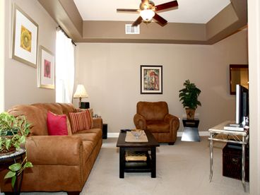 Flat screen TV, DVD, and cable.  Comfortable couch and oversized armchair