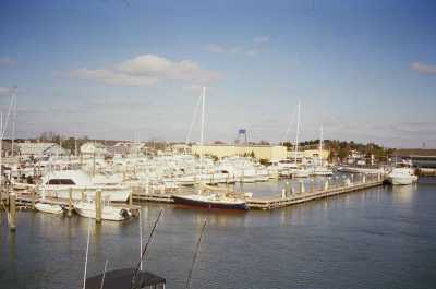 View of boats and harbor from deck.