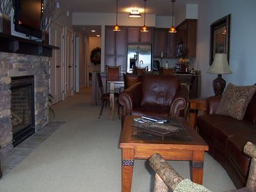 This is the view from the lakeside of the unit looking back.  There is a 42 inch flatscreen tv in the main room, and a flatscreen tv in each of the bedrooms!