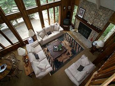 Living Room with Amazing views, tv, and cozy fireplace. 