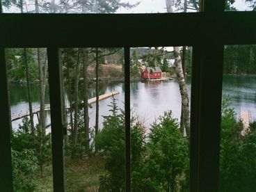 View from living room to bay with dock.