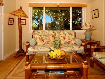 The living room with fresh organic fruit from our gardens.