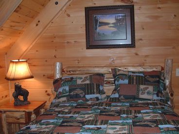 Upstairs Master Bedroom with Custom Queen Log Bed and Luxury Linens
