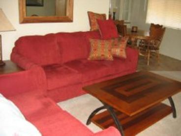 View of living room and into the dining room.