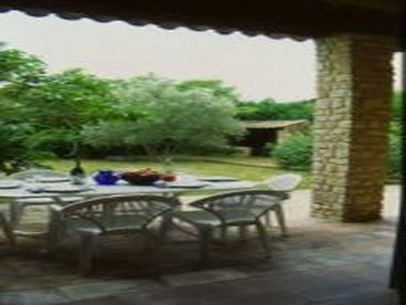 The terrace is south facing, shaded by an overhang and an umbrella tree, and looks out on the private lawn area. In the background is a sheltered BBQ area.