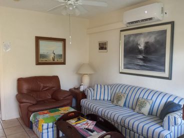 Living room with sleeper sofa and comfortable chair. 