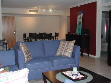 Dining room and  living area with a sleeper sofa
