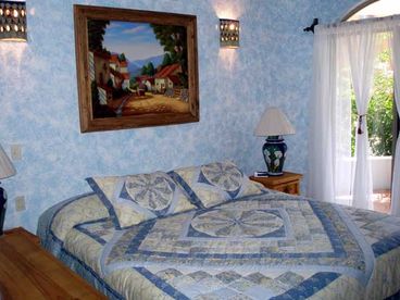 Comfortable sunny bedrooms with king beds, baths, and reading/sunning terraces