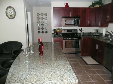 Beautiful granite counter tops, fully equipped kitchen.