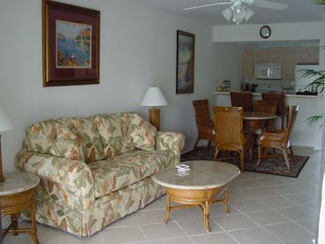 Living area boasts a queen size sleeper sofa, TV, DVD/VCR.  Free movie rentals at the Fort Myers Beach Public Library!
