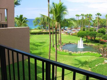 View of fountains and ocean from lanai (patio)