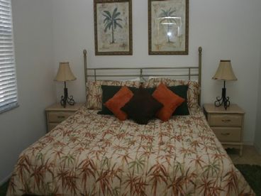 Private bath, TV, ceiling fan and large closet.