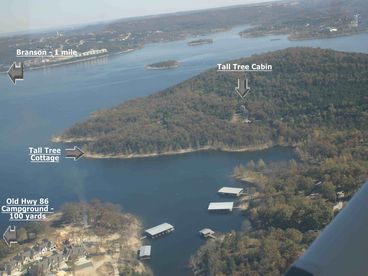 Aerial views of location on Tablerock lake near Branson MO