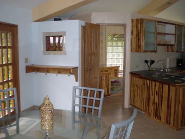 Dining area with view of bathroom