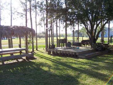 Picnic table, BBQ area, deck and fire pit area