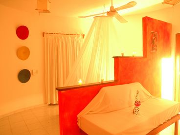 The rooms are divided by a half wall with a queen size bed and an individual sleeper couch