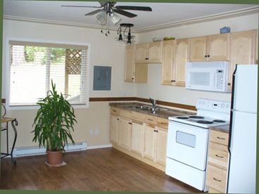The kitchen is very bright and has a fridge, stove and a microwave.