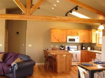 Kitchen, Living room with open beam ceiling