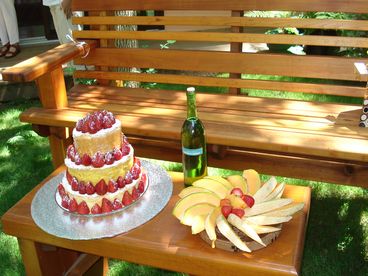 Cedar bench with party fare