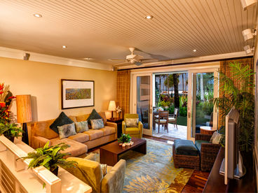 Ocean and beach view living room in one of our beach level villas