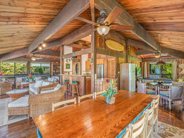 Indoor dining area has fabulous mountain views. You can also eat al fresco on lanai tables or covered picnic table