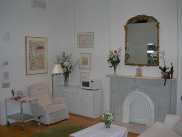 Decorative Carved Marble Fireplace in the Sunny and Spacious Living Room
