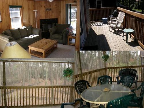 Living Room, Sun Deck & back Screened Porch with Dining Room overlooking beautiful scenic woodlands. 