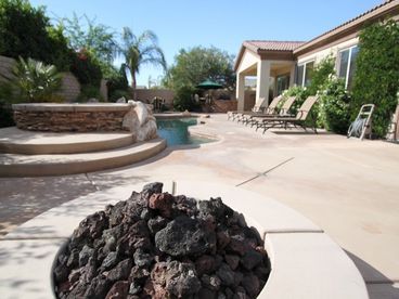 Gas Firepit, Saltwater Pool/Spa, BBQ Island, Lounge Chairs, Dining & Loveseat.
