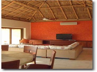 Living room with palapa roof and walkout to balcony