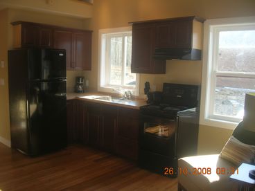 Full Size fridge, dual sinks and electric stove/oven are all ready for your chef skills.  All cutlery, cook utensils, coffee pot, etc. are included.