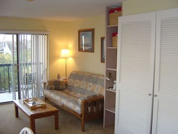 View from kitchen into family/dining room. Murphy bed is full size behind white shutter doors. Futon sleeper is full size.