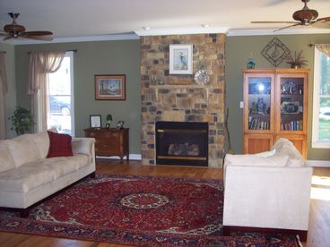 Living Room with Stacked Stone Gas Fireplace