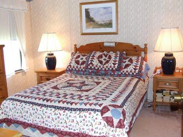 There are two full bathrooms, one near the guest bedroom, and a private bathroom for the master bedroom.